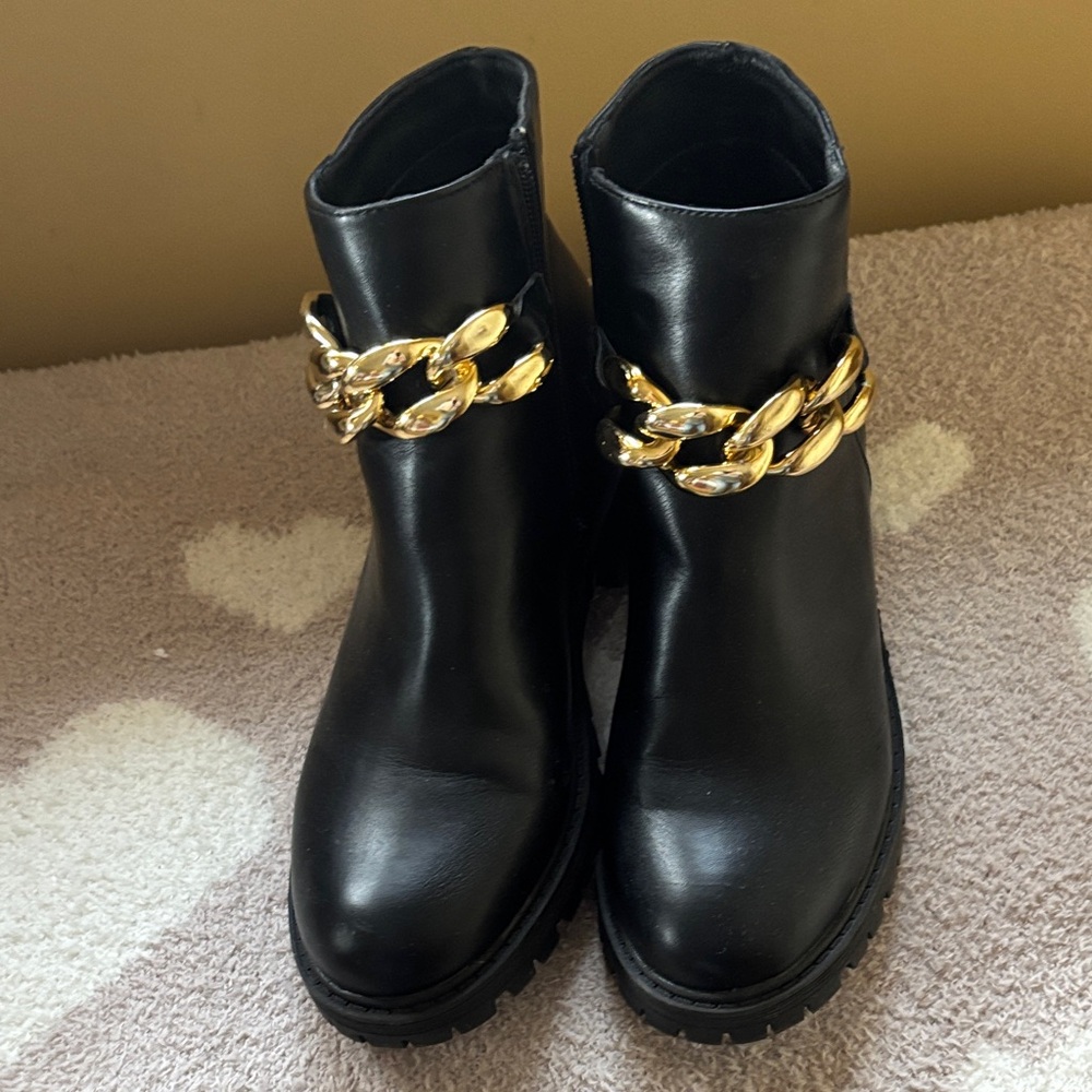 Nicole Miller Black Ankle Boots with Gold Chain Accent